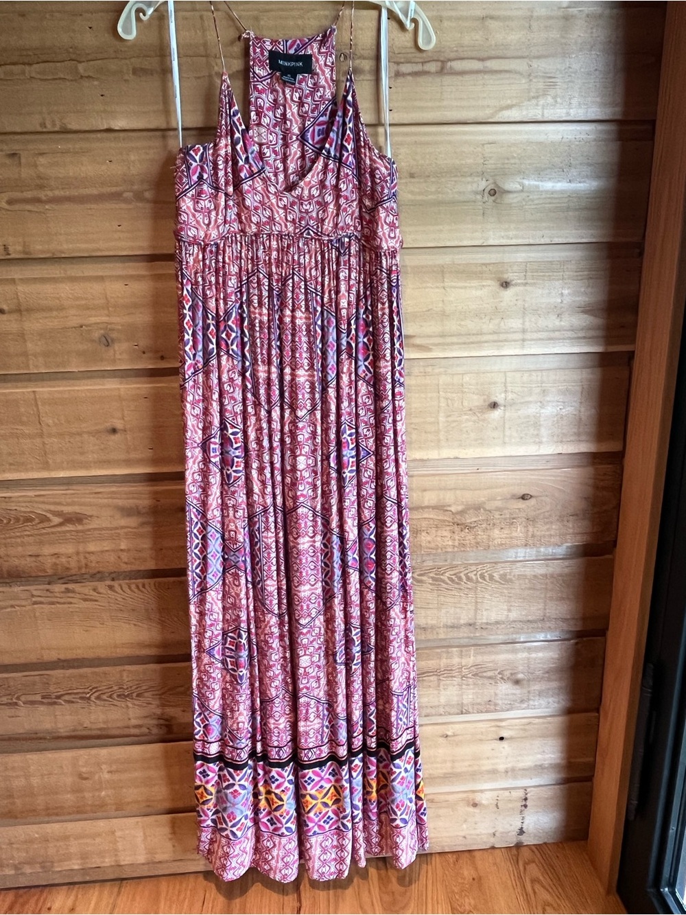 MINKPINK Red and Purple Geometric Printed Spaghetti-Strap Maxi Dress